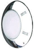 Circular flush-mount ceiling light fixture with chrome trim and white frosted diffuser, featuring three short vent slots on the rim, shown mounted against a plain white ceiling.