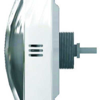 Circular recessed light fixture viewed in profile showing domed glass lens bulging left, white rectangular trim plate fixed to threaded housing with cable extending right, isolated on white background.
