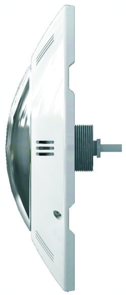 Circular recessed light fixture viewed in profile showing domed glass lens bulging left, white rectangular trim plate fixed to threaded housing with cable extending right, isolated on white background.