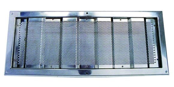 A rectangular stainless-steel vent grille shows perforated metal panels with vertical support ribs and a surrounding frame, lying flat against a plain white background, likely an HVAC register.