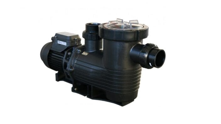 Black centrifugal swimming pool pump with clear lid
