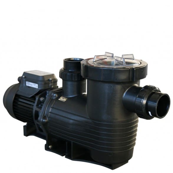 Black centrifugal swimming pool pump with clear lid