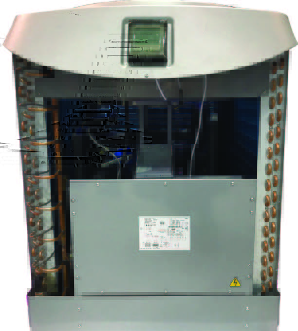 Outdoor HVAC condenser unit with front panel removed, exposing copper coils, compressor and wiring inside, gray metal housing on white background, small technical label on panel illegible.
