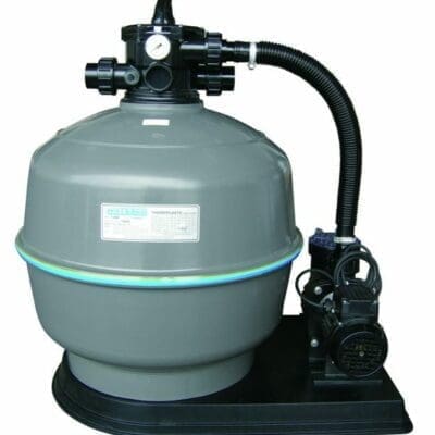 A gray spherical pool sand filter (object) connected by a corrugated hose to a black electric pump (action) sitting on a black base against a white background (context). Label text: WATERCO; remaining small label text illegible.