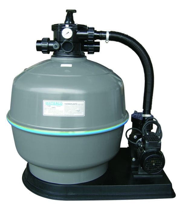 A gray spherical pool sand filter (object) connected by a corrugated hose to a black electric pump (action) sitting on a black base against a white background (context). Label text: WATERCO; remaining small label text illegible.