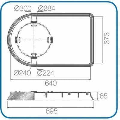 Rectangular tray with a circular cutout and small mounting slots shown in top and side technical views, dimensioned for fabrication; Text: Ø300 Ø284 Ø240 Ø224 640 373 65 695