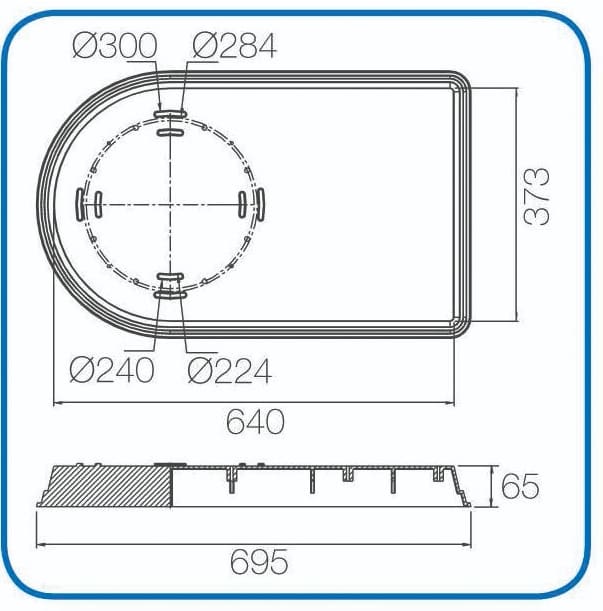 Rectangular tray with a circular cutout and small mounting slots shown in top and side technical views, dimensioned for fabrication; Text: Ø300 Ø284 Ø240 Ø224 640 373 65 695