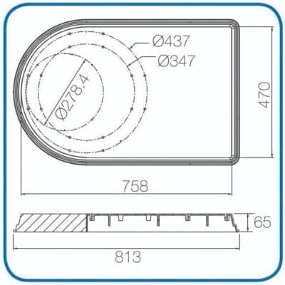 Rectangular tray-like component displays a circular cutout with concentric diameter annotations in a technical plan and side-section showing mounting ribs and 65mm thickness in a fabrication context. Text: Ø437 Ø347 Ø278.4 758 470 65 813