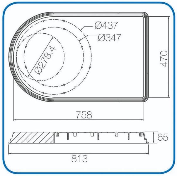 Rectangular tray-like component displays a circular cutout with concentric diameter annotations in a technical plan and side-section showing mounting ribs and 65mm thickness in a fabrication context. Text: Ø437 Ø347 Ø278.4 758 470 65 813