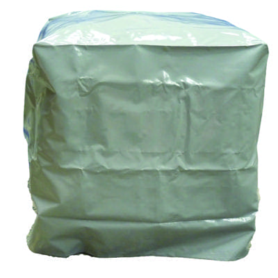 A cube shaped object is fully draped in wrinkled pale green plastic sheeting, the cover tightly folded and creased around corners, resting on a plain white background.