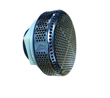 Round chrome perforated metal grille attached to white plastic housing, angled slightly and displaying a circular pattern of holes, resting isolated against a white background.
