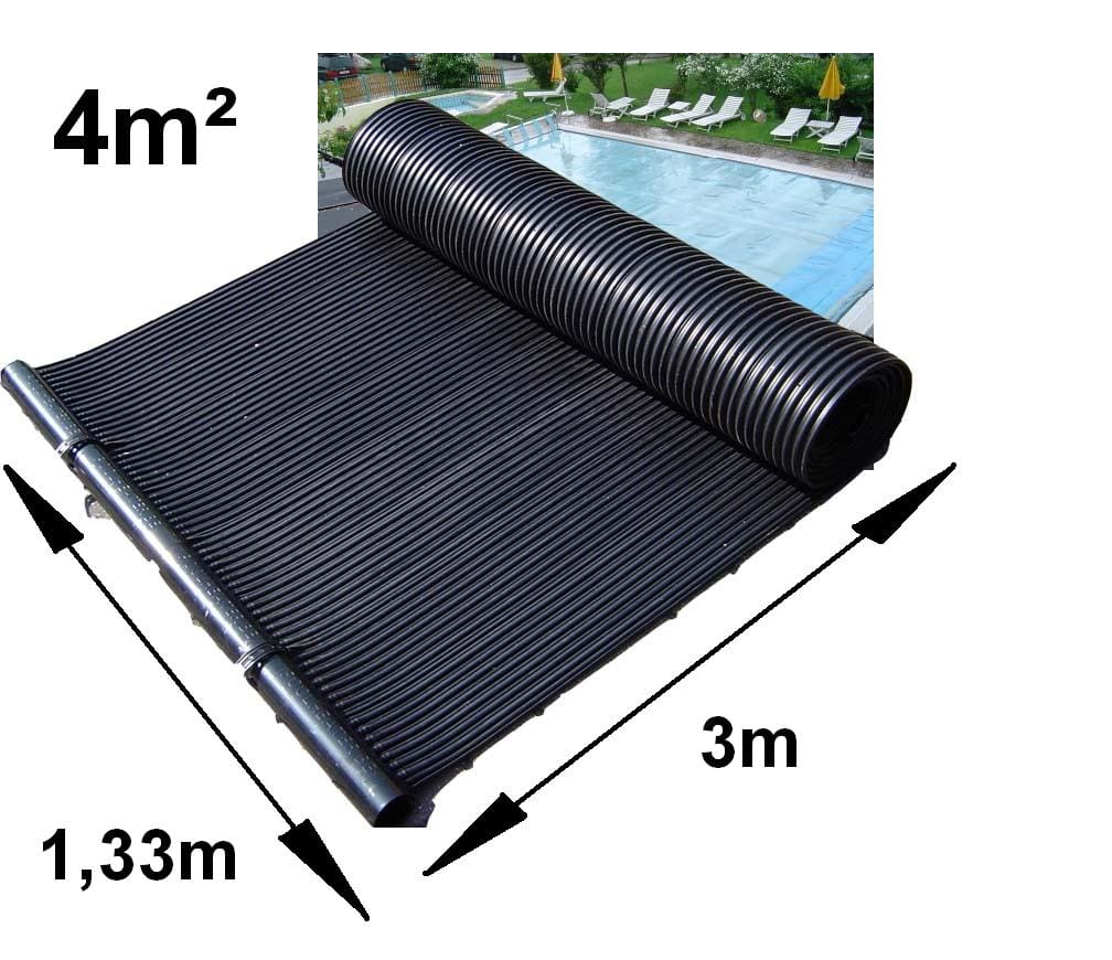 A black corrugated solar pool-heating mat is partially unrolled on a deck beside a rectangular outdoor swimming pool with lounge chairs; text in image reads: 4m², 1,33m, 3m.