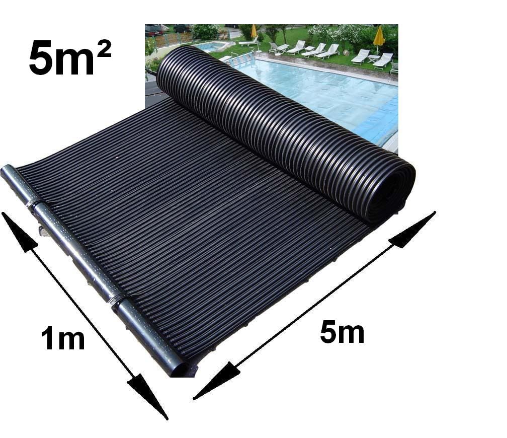 Black corrugated solar pool-heating mat partially unrolled on a metal frame beside a backyard swimming pool, roll at one end with lounge chairs and umbrellas on the lawn. Text: 5m² 1m 5m