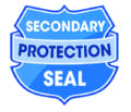 A blue shield-shaped seal displays the words SECONDARY PROTECTION SEAL across three bands, centered on a white background.