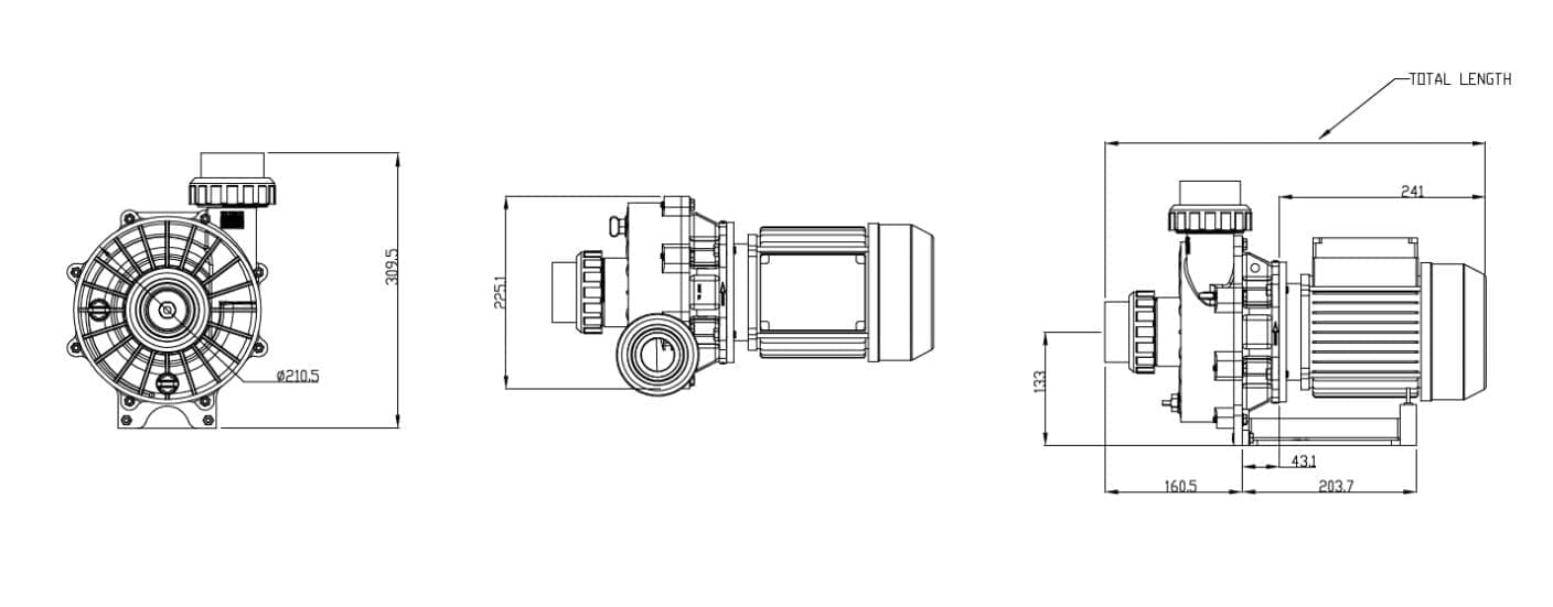 Centrifugal pump assembly depicted in three orthographic views, showing impeller housing, inlet/outlet ports, and motor mounted on a baseplate in a technical drawing context. Text: TOTAL LENGTH 241 133 160.5 43.1 203.7 Ø210.5 309.5 225.1