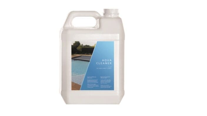 White plastic jerrycan displaying a blue label reading AQUA CLEANER, with a pool photograph and smaller product information text too small to read, photographed against a white background.