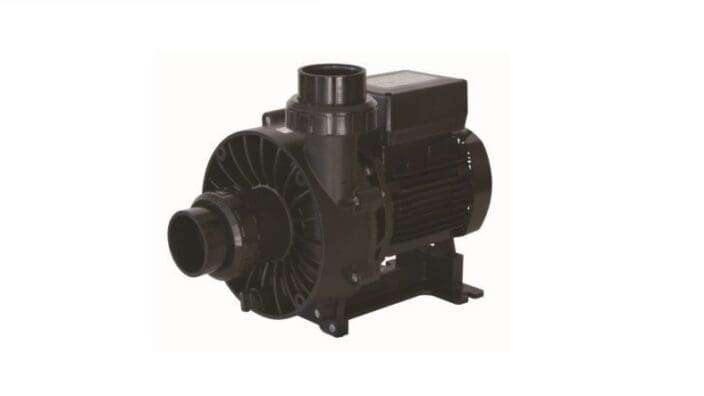 Black centrifugal water pump sits idle, showing inlet and outlet ports and attached electric motor, mounted on a metal base against a plain white background.