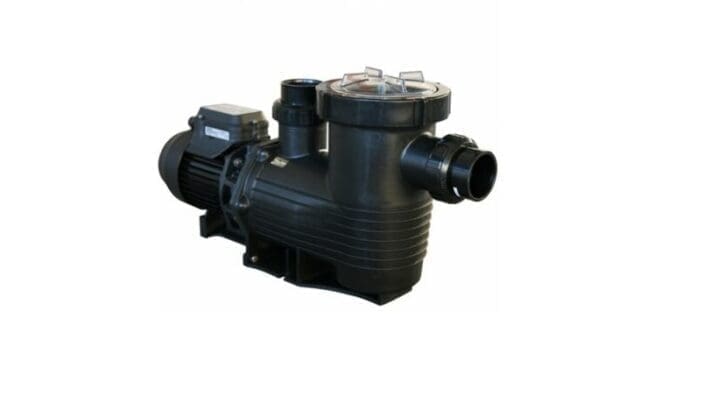 Black centrifugal swimming pool pump with clear lid