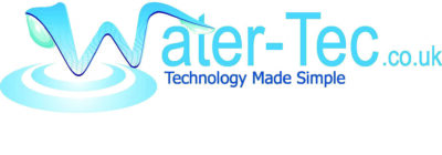 A blue stylized W shaped like a flowing ribbon with water droplets, arching over concentric ripples beside turquoise text Water-Tec.co.uk and blue tagline Technology Made Simple on white background.