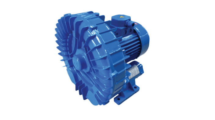Blue industrial side-channel blower assembly mounted to an electric motor; housing with radial fins surrounding impeller; affixed to a metal base, photographed isolated on a white background.