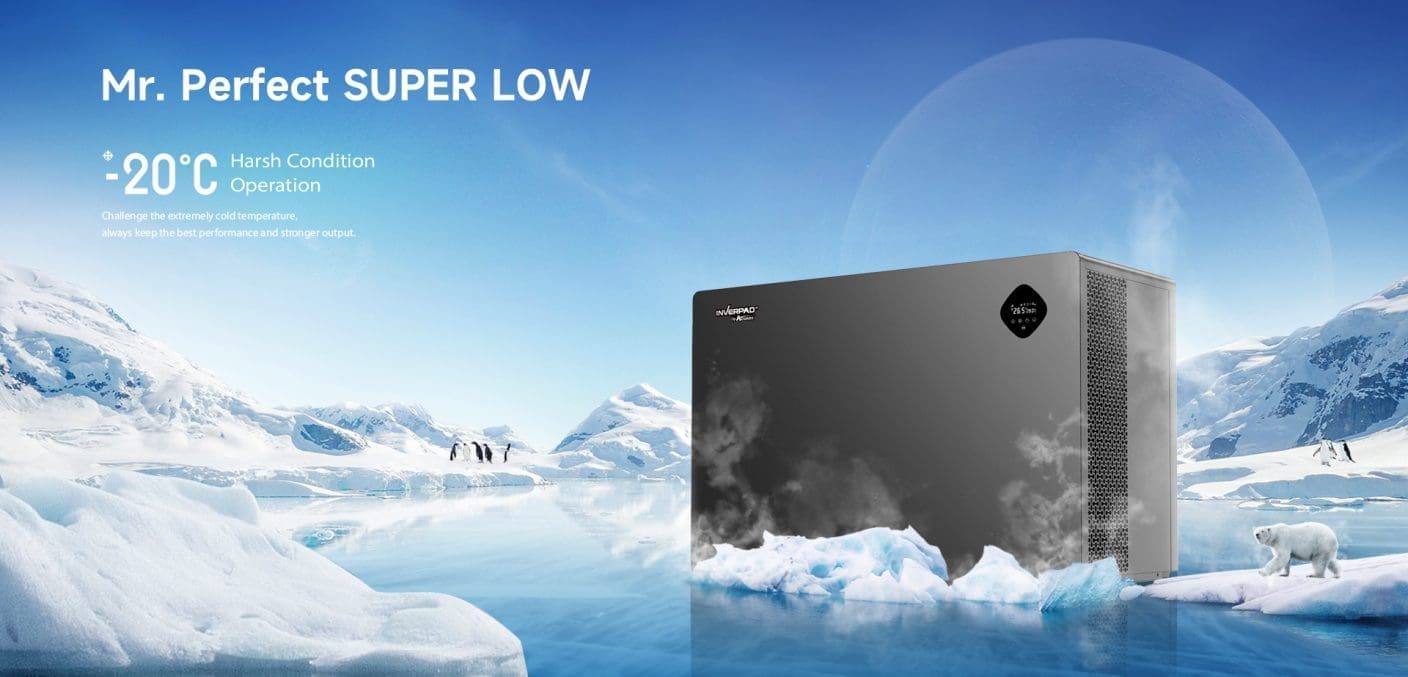 A black rectangular appliance emits mist while resting on ice, framed by snowy mountains, penguins and a polar bear under a clear blue sky; Text: Mr. Perfect SUPER LOW -20°C Harsh Condition Operation Challenge the extremely cold temperature, always keep the best performance and stronger output.