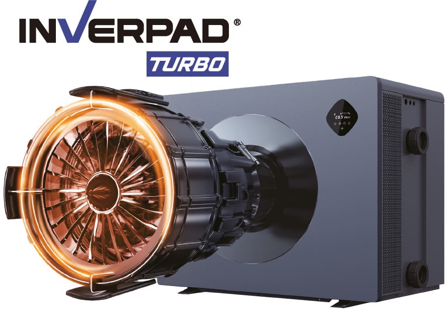 A large INVERPAD TURBO heat-pump unit features a glowing, turbine-style fan protruding from a rectangular gray housing, with a small control display and pipe connections visible against a white background.