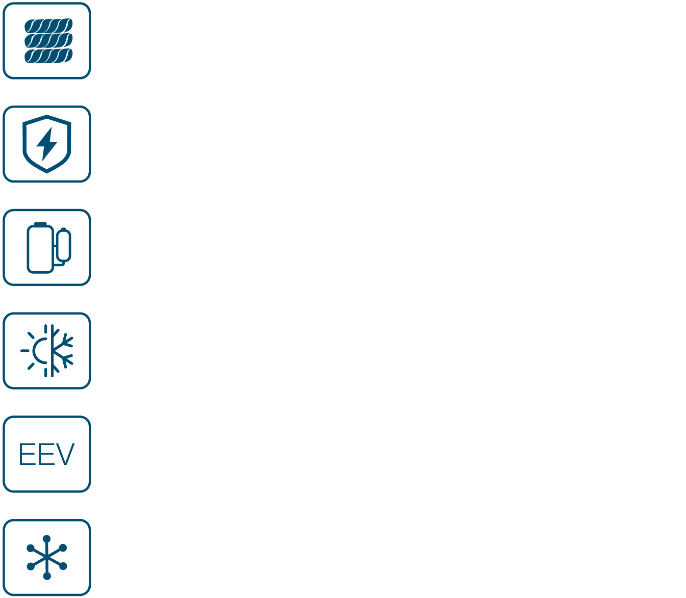 Six rounded-square blue icons arranged vertically on a white background; icons depict stacked coils, shield with lightning bolt, two batteries, split sun and snowflake, text EEV, and a snowflake network.