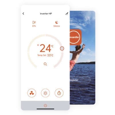 Inverter-HP thermostat dial shows 24°C, Temp Set 35°C, 81% battery, Silence; mobile UI with fan/sun/timer icons overlays a lake photo with text Register and Log in to Existing Account