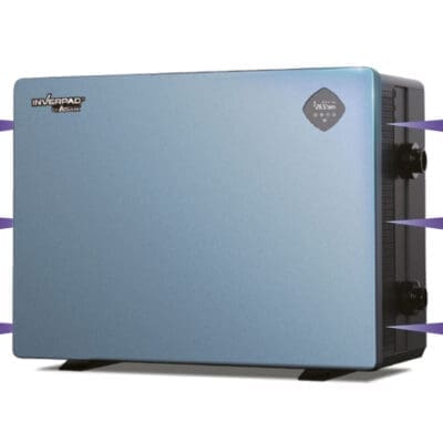 Rectangular blue device labeled "INVERPAD" sits on feet, expelling air outward through both sides (purple arrows), black side shows two round ports and a small digital display with illegible text.