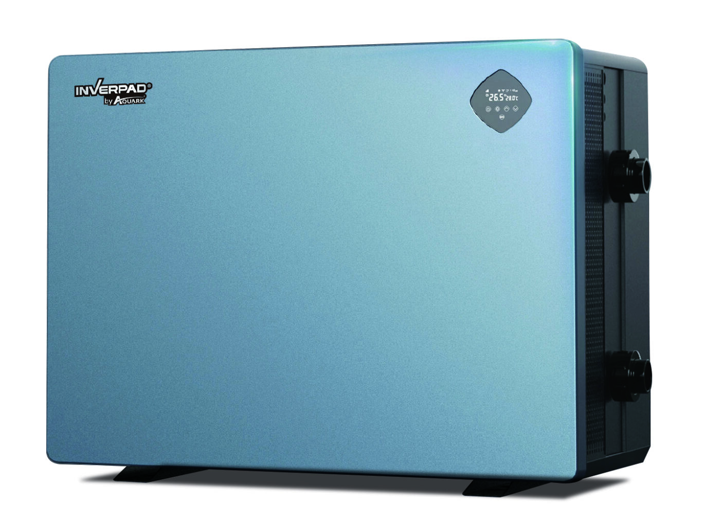 A pale-blue rectangular INVERPAD® by Aquark heat-pump unit sits on short feet, showing a top-right digital display reading "26.5 28.0°C", with right-side vents and two pipe fittings visible against white.
