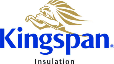 Blue Kingspan® wordmark with black Insulation below, accompanied by a leaping gold stylized lion above, set against a white background.