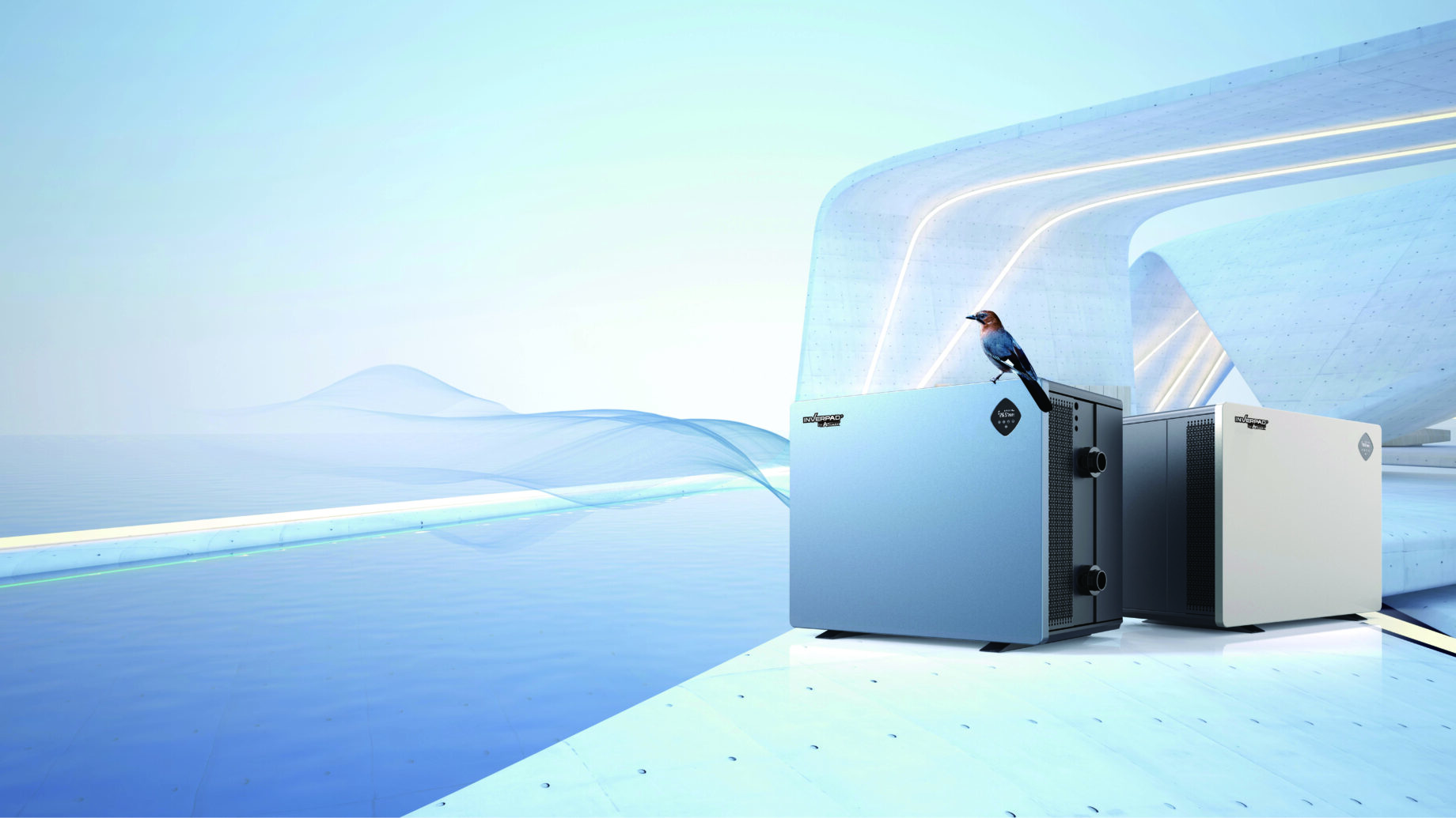 Two rectangular HVAC style units stand on a glossy platform, a small bird perches atop one, sweeping curved white architecture and calm reflective blue water form a futuristic waterfront environment