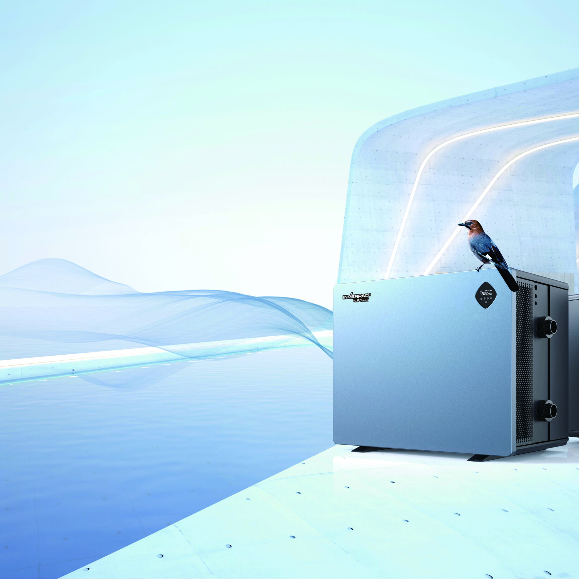 Two rectangular HVAC style units stand on a glossy platform, a small bird perches atop one, sweeping curved white architecture and calm reflective blue water form a futuristic waterfront environment