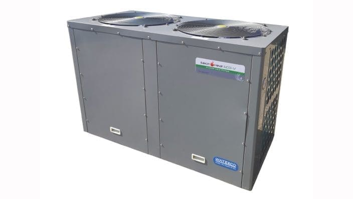 A gray rectangular heat-pump unit sits isolated on a white background with two top axial fans visible; label reads "Electro Heat ECO-V Inverter Heat Pumps" and badge reads "WATERCO water, the liquid of life".