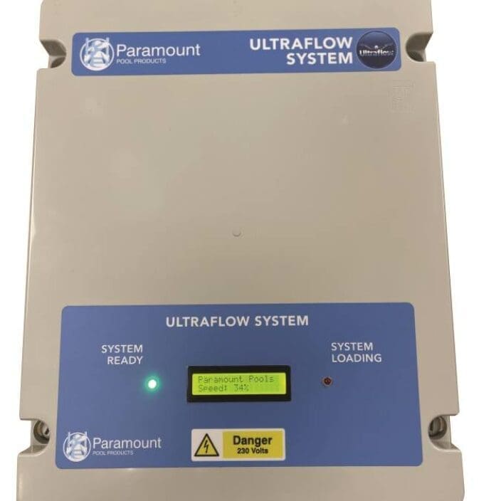 A beige Paramount Ultraflow System control box shows a green SYSTEM READY LED and a small display reading Paramount Pools / Speed: 34%; visible text: Paramount POOL PRODUCTS, ULTRAFLOW SYSTEM, SYSTEM READY, SYSTEM LOADING, Danger 230 Volts; unit sits isolated on a white background.