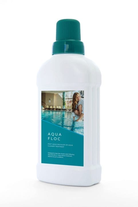 A white plastic bottle with a teal cap stands upright against a white background, showing a pool photo on its teal label; Text on label: AQUA FLOC POST AQUA DESCALER OR AQUA CLEANER TREATMENT Designed to help clear cloudy water following Aqua Descaler or Aqua Cleaner treatment.