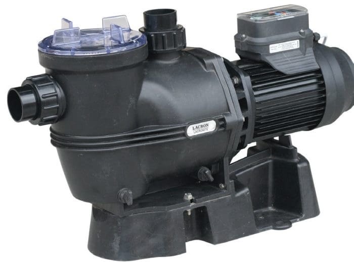Black plastic pool pump sits on a molded base, clear screw-top strainer lid at left, cylindrical electric motor attached at right, threaded inlet/outlet fittings at front. Small label and motor sticker present but illegible.