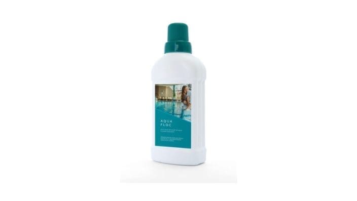 White plastic bottle with green cap stands on white background, showing turquoise label with pool photo and woman; label text: AQUA FLOC (remaining small text illegible)