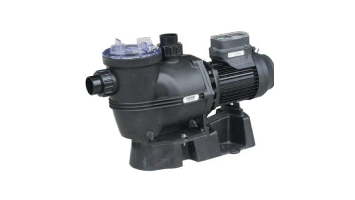 Black pool pump mounted on a molded base, motor at rear and clear strainer lid on top, shown on a plain white background, small metal label unreadable.