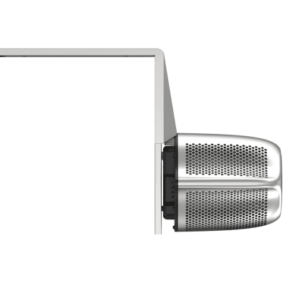 Slim horizontal desk arm connects to a vertical mount, where a dual cylindrical perforated silver speaker is attached sideways, set against a clean white background.