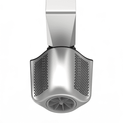 Overhead metallic jet-style fan assembly mounted to a rectangular arm, visible turbofan at bottom and perforated intake panels on a smooth curved housing against a white background.