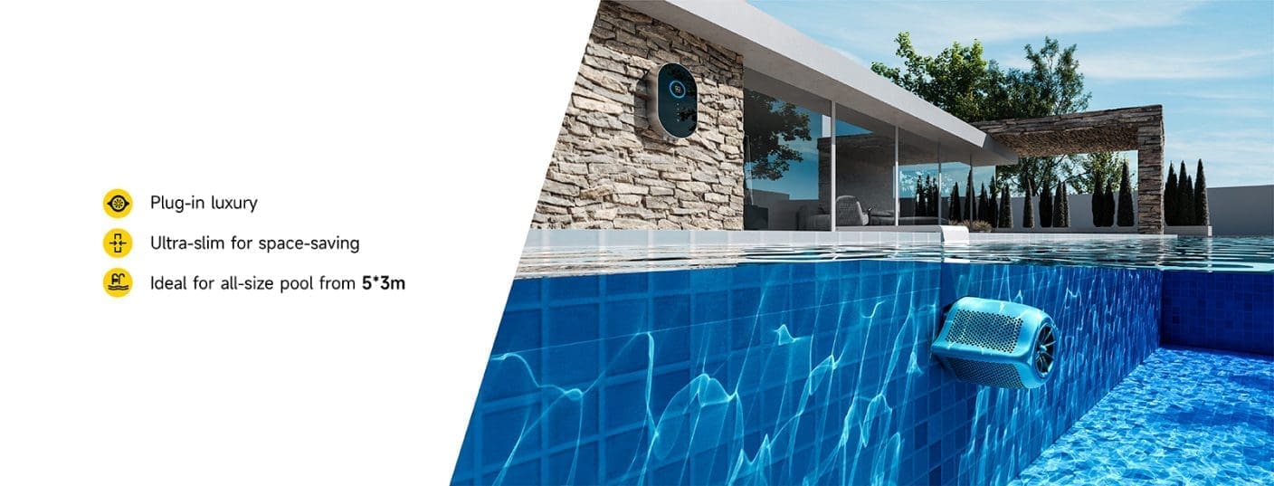 Blue robotic pool cleaner clings to a tiled pool wall, cleaning underwater; modern stone-and-glass house and patio with trees beyond; text: Plug-in luxury; Ultra-slim for space-saving; Ideal for all-size pool from 5*3m.