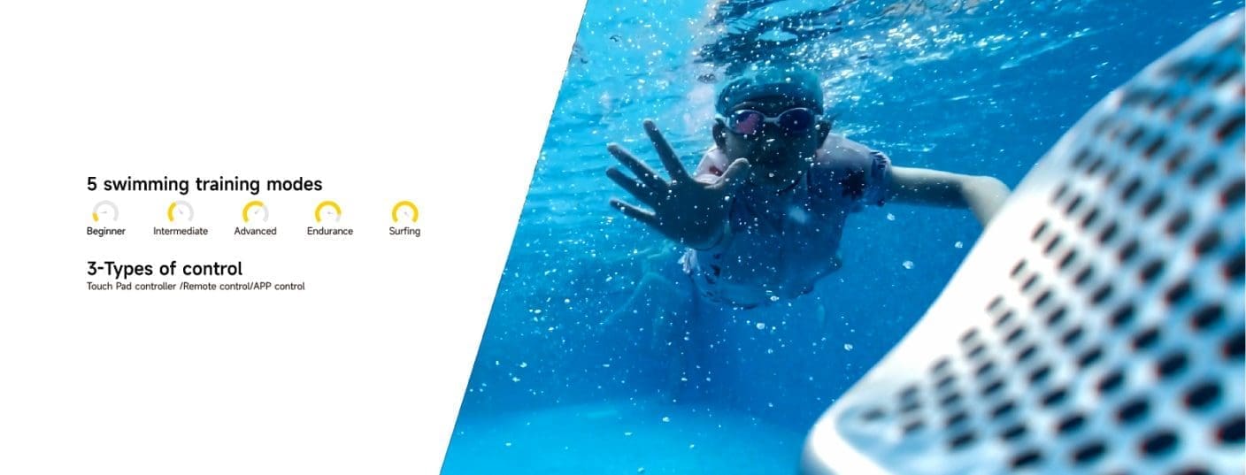 Child wearing goggles reaches a hand toward the camera while swimming underwater in a pool, white panel at left reads: 5 swimming training modes Beginner Intermediate Advanced Endurance Surfing 3-Types of control Touch Pad controller /Remote control/APP control
