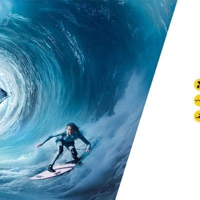 A surfer rides a massive swirling ocean vortex while a second surfer navigates the barrel, surrounded by turbulent blue water; white promotional panel at right reads: Up to 230m³/h Turbo Flow, Realistic Ocean Waves Dynamics, Fitness Fun & Safety First